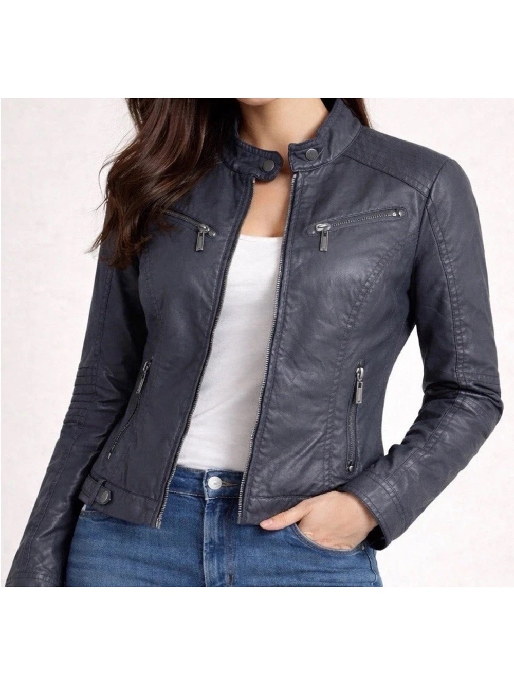 J2 Faux Leather Jacket Moto BikerCore Streetwear Gray Bomber Women Sz M